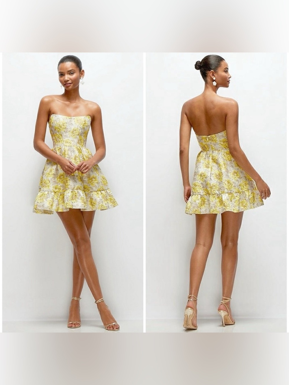 Dessy Collection Yellow and Cream Floral Mini Dress